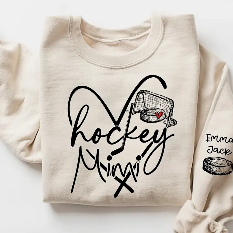 Hockey Heart Mimi Family SweatShirt, Custom Names and Hockey Puck Design Personalized Tee