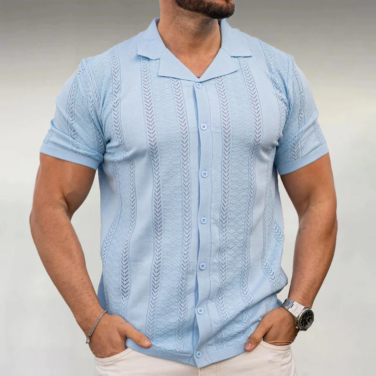 Men's Fashion Lapel Collar Stripes Hollow Knitted Short Sleeve Shirt