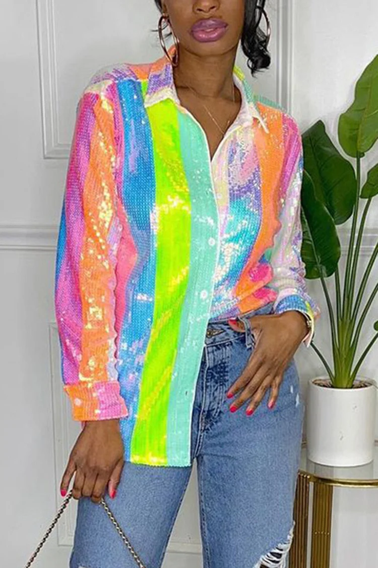 Xpluswear Plus Size Multicolor Daily Rainbow Sequin Shirt 
