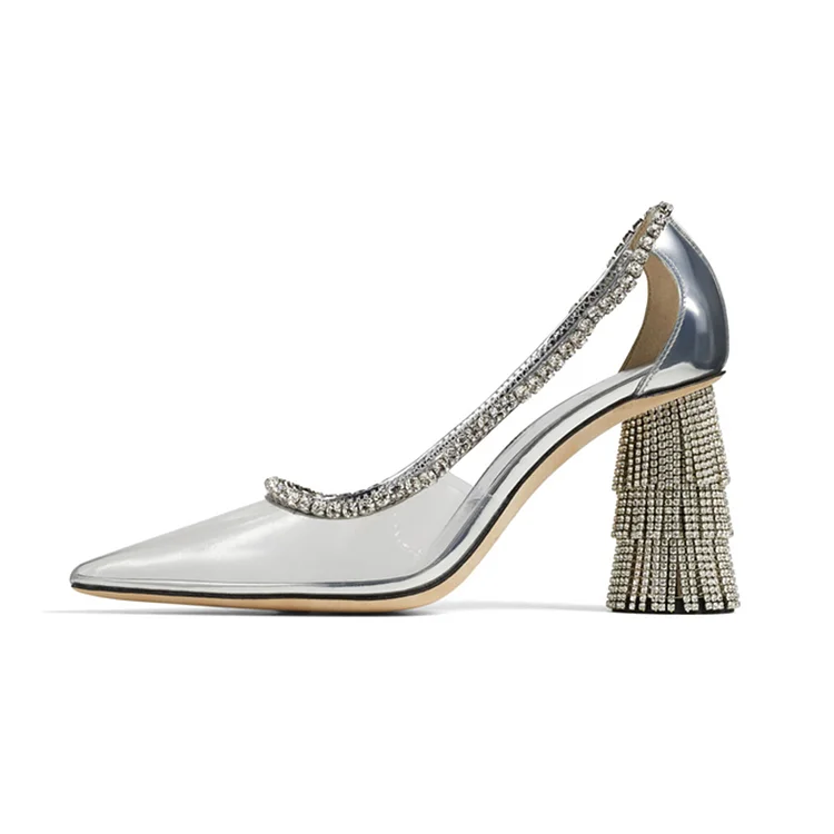 Women's Silver Pointed Toe Rhinestone Fringe Block Heel Clear Pumps |FSJ Shoes