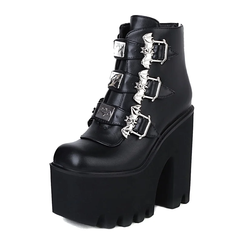 Canrulo Gothic Bat Vampire Accessories Womens Shoes For Winter Autumn Ankle Buckle Strap Boots Platform Thick Bottom Combat Boots
