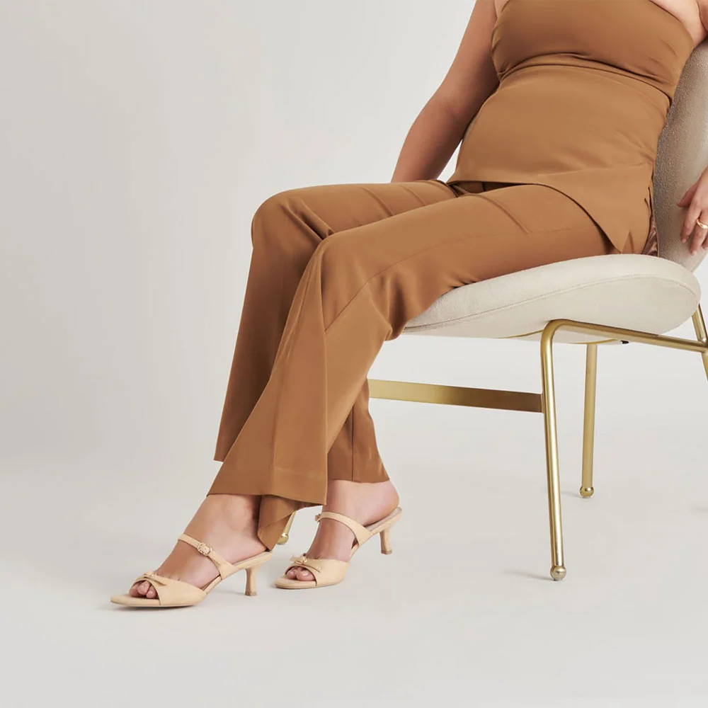 Beige Woven Raffia Open-Toe Buckle Kitten Heel Slide Sandals