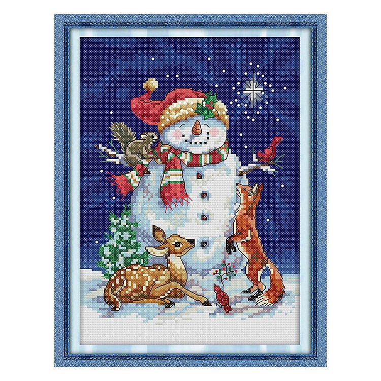 Joy Sunday - Midnight Snowman - 14CT 2 Strands Threads Printed Cross Stitch Kit - 30x21cm(Canvas)