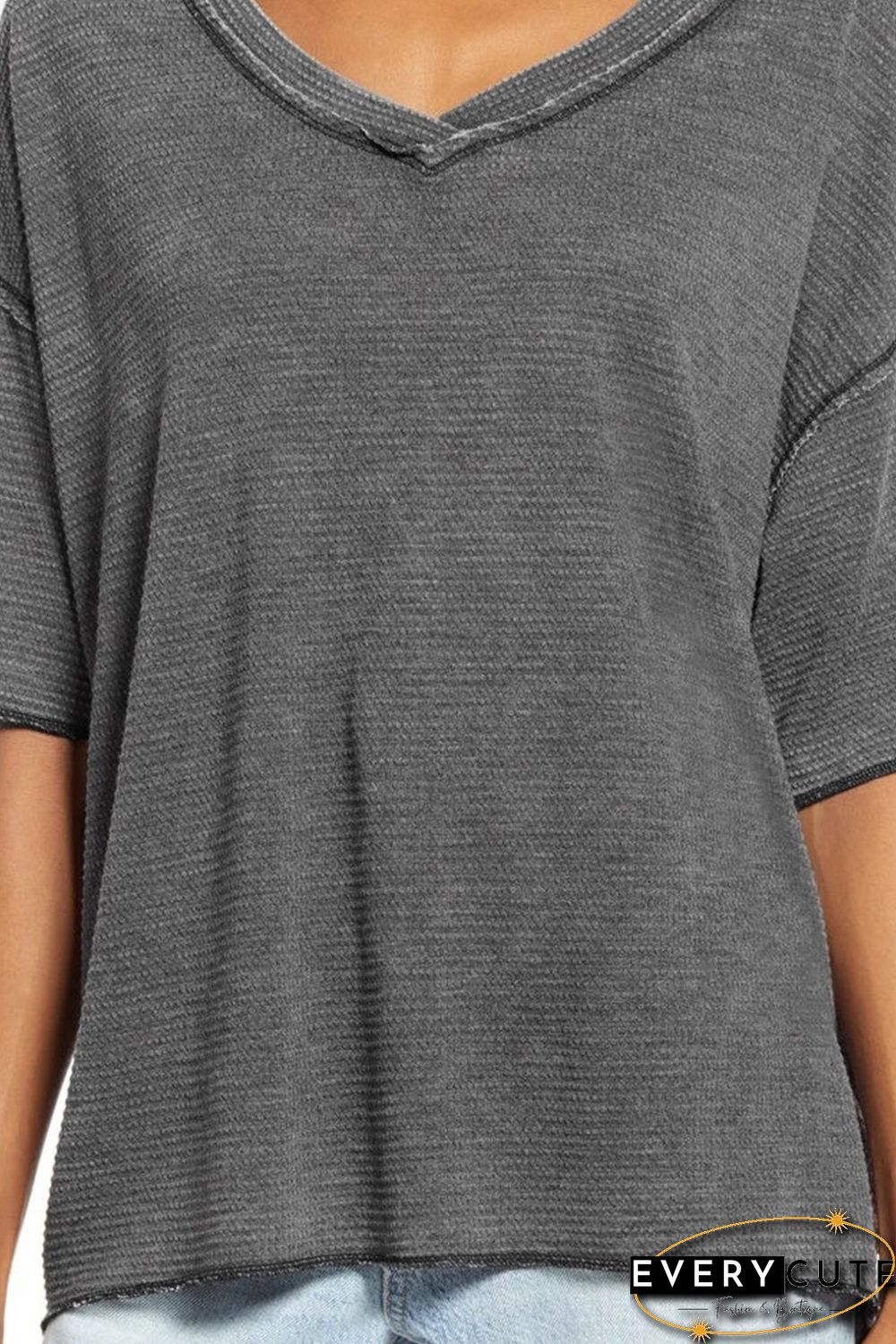 Gray Waffle Knit Seamed Half Sleeve V Neck Top
