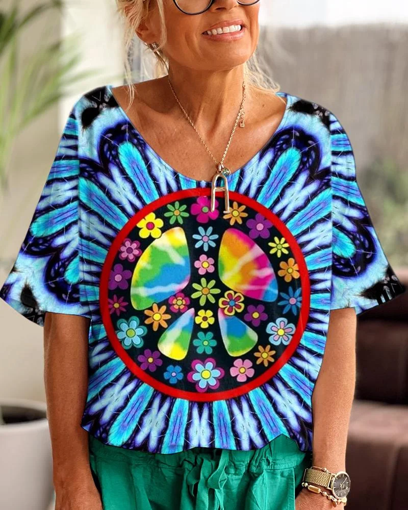 Hippie Flower Tie Dye V Neck Graphic T-shirt