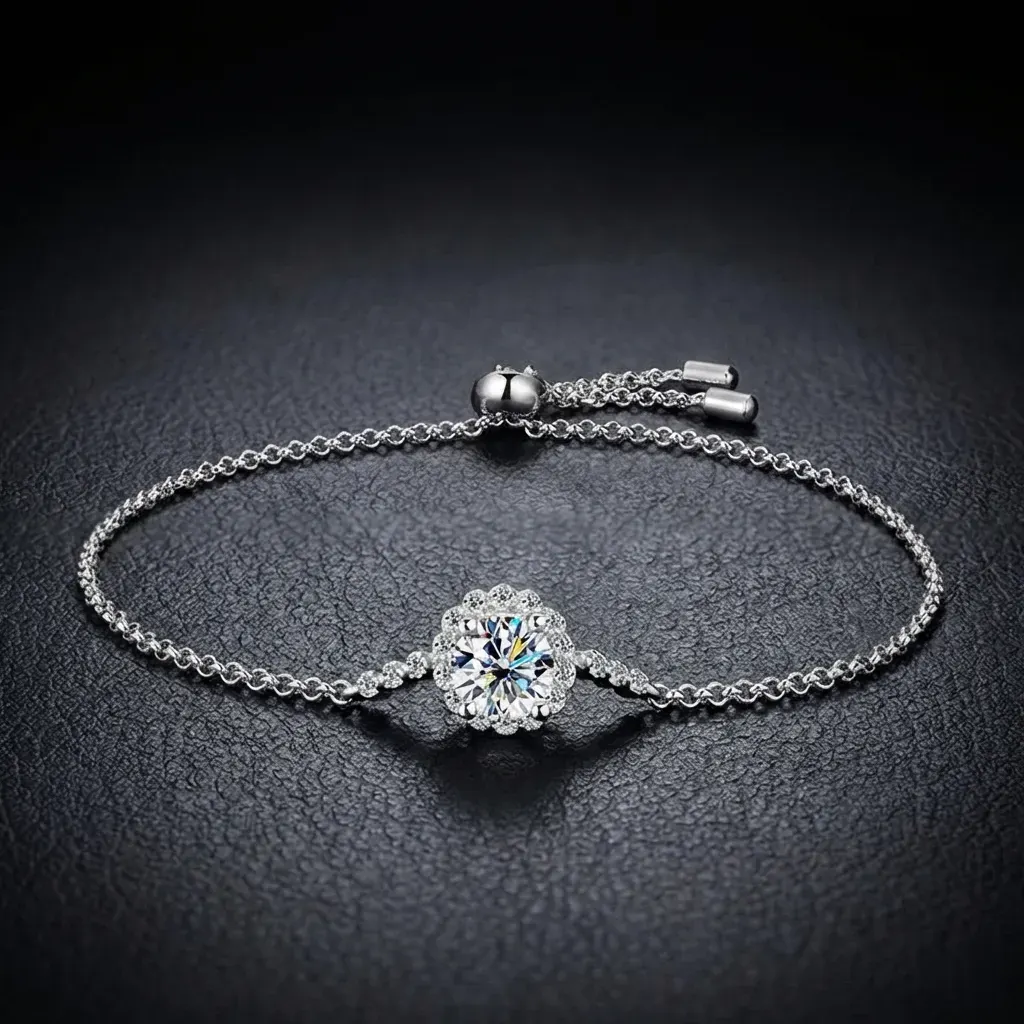 JiStones Celestial Halo 1ct Moissanite Bracelet - Adjustable S925 Sterling Silver Daisy Bangle Brilliant Diamond White-Adjustable Fit