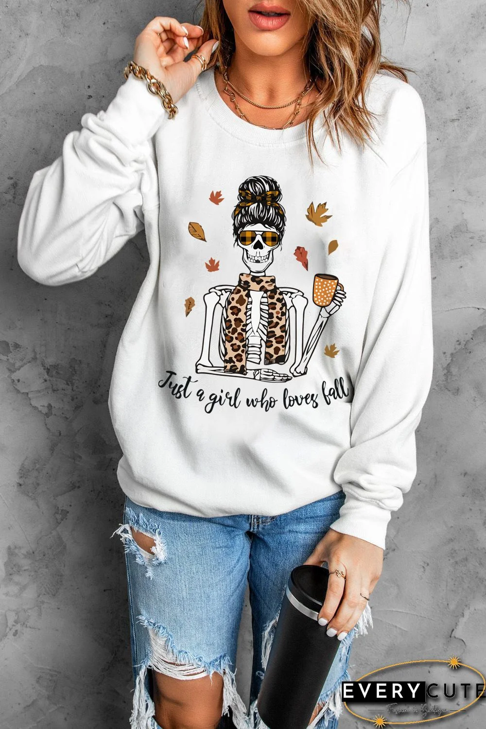 Beige Skeleton Leopard Letter Graphic Print Pullover Sweatshirt