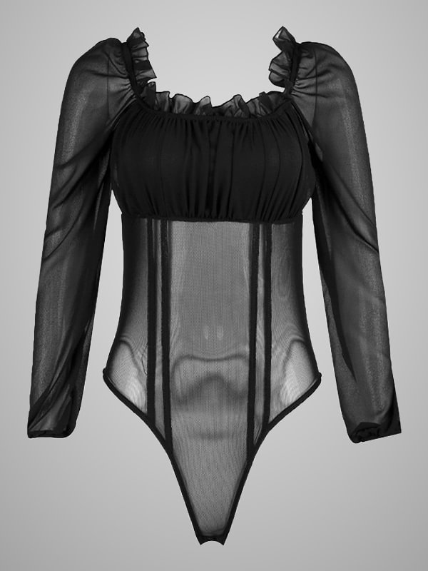 Gothic Paneled Off Shoulder Frilled Long Sleeve See-through Bodysuit