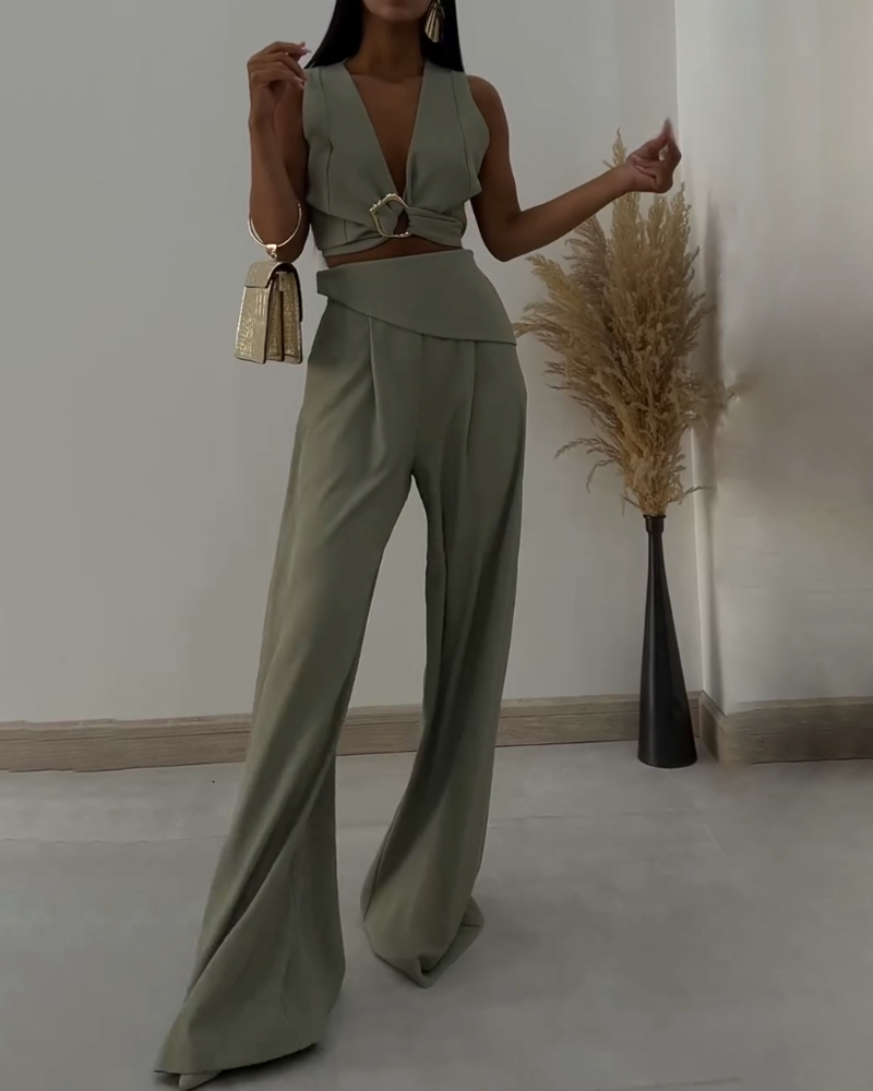 Fashion V-Neck Lace-Up Vest & Pants Two-Piece Set