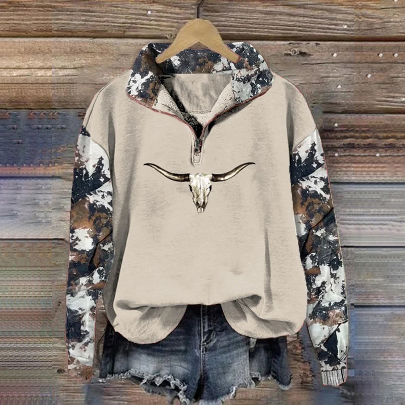  Women's Western Print Zipper Collar Long Sleeve Sweatshirt Westsshops