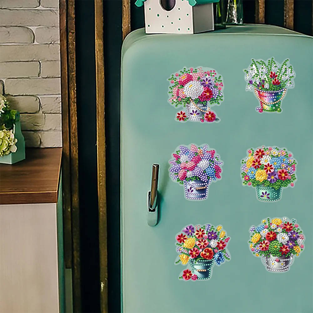  6 Pcs Flower Barrel Diamond Painting Cartoon Fridge Magnetic Stickers