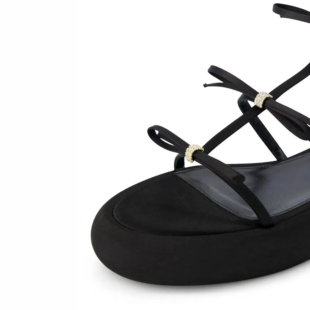 Black Round Toe Buckle Ankle Strap Rhinestone Bow Platform Sandals