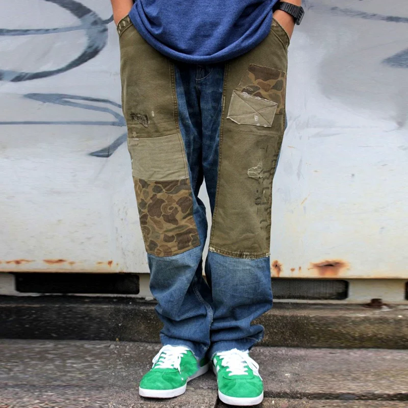 Vintage Camouflage Panel Ripped Straight Jeans