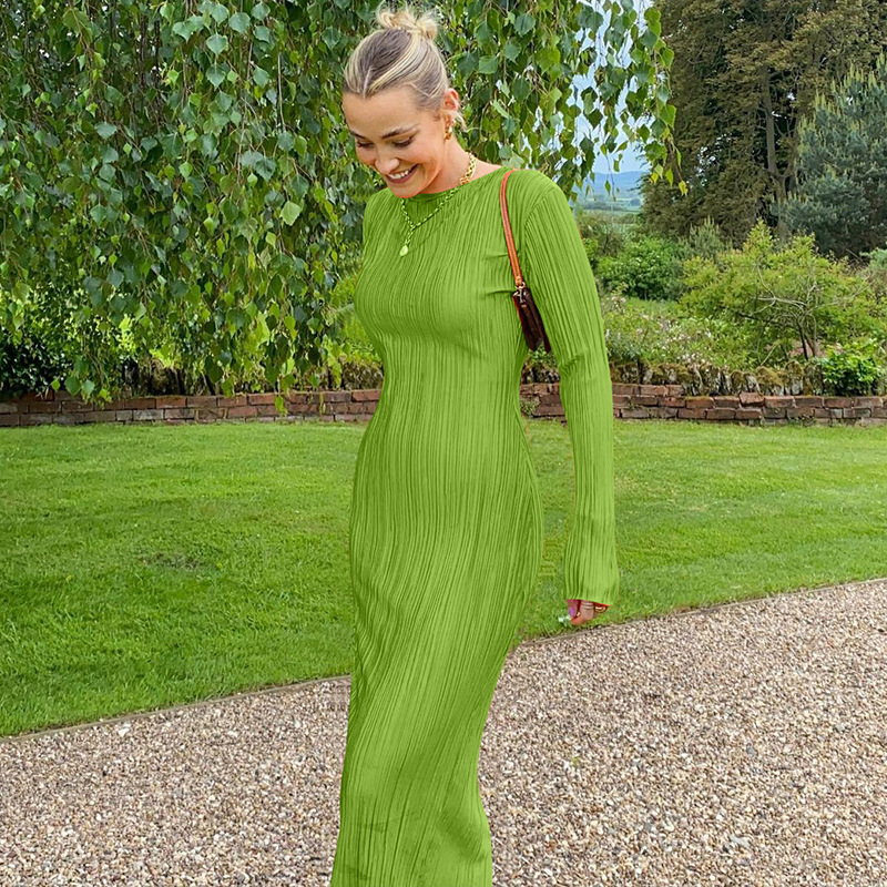 Ootddress Fashion Long Sleeve Loose Dress For Women Ribbed Casual Elegant Slim High Waist Streetwear Solid Ruffled Ladies Dress 2025