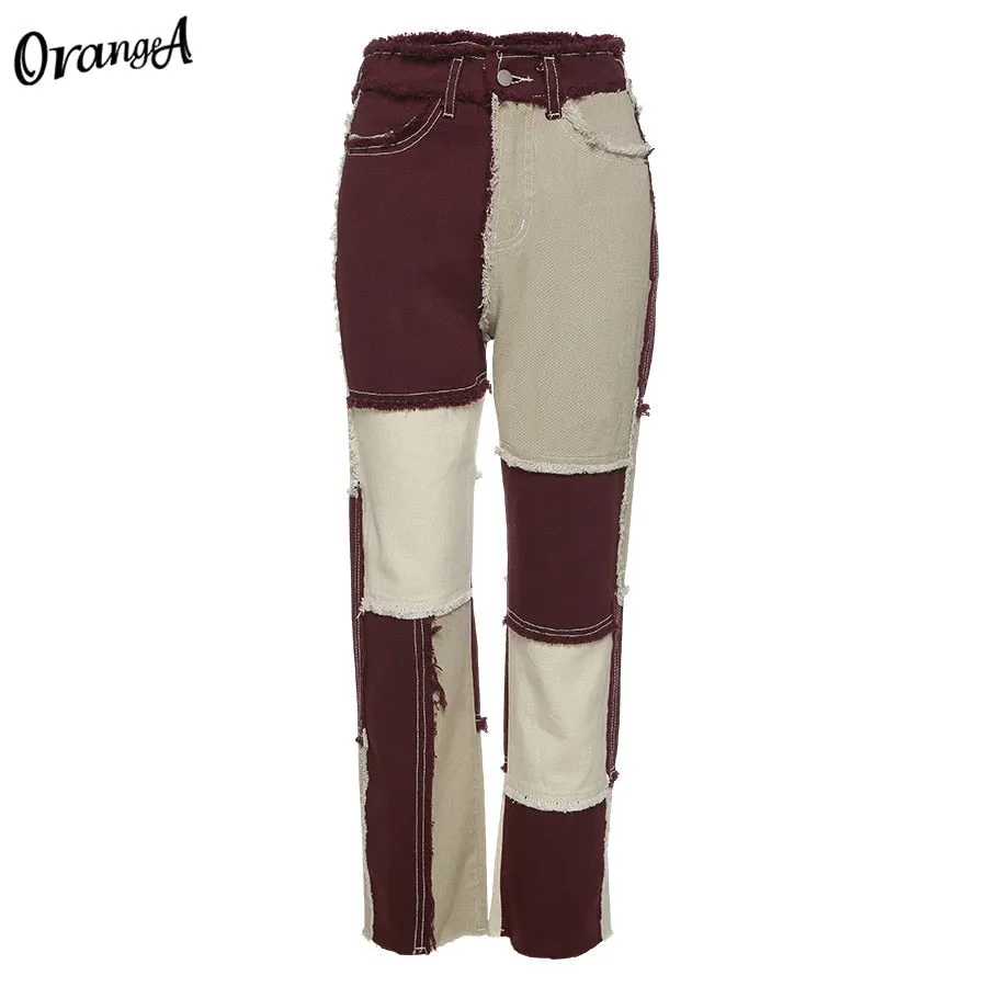 OrangeA Summer Women Denim Striped Patchwork Street Casual Hip Hop High Waist Loose Straight Jeans Pants Mujer Fashion Trousers