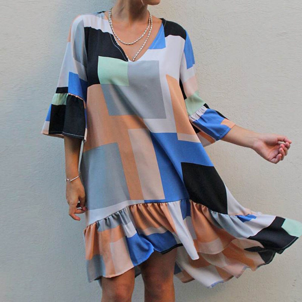 2021 Summer Dress Women Vintage Printed Dresses Casual Loose Patchwork Sexy Flare Sleeve Party Ruffles Vestidos Plus Size