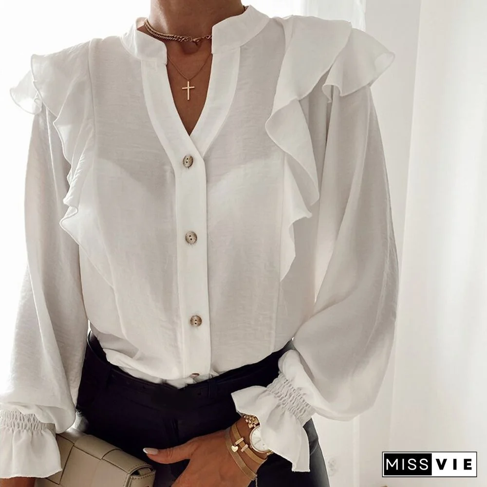 Women Autumn Long Sleeve V-Neck Pullover Tops Polka Dot Ruffle Blouse Shirts