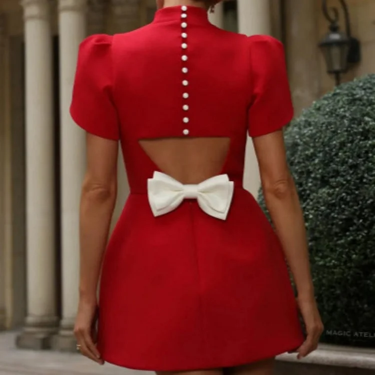 Women's Half High Neck Back Hollow Bow knot Short Dress