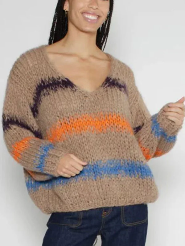 Athvotar Athvotar Autumn And Winter Loose Color Stripe V-Neck Collar Knitted Shirt Long-Sleeved Sweater Woman