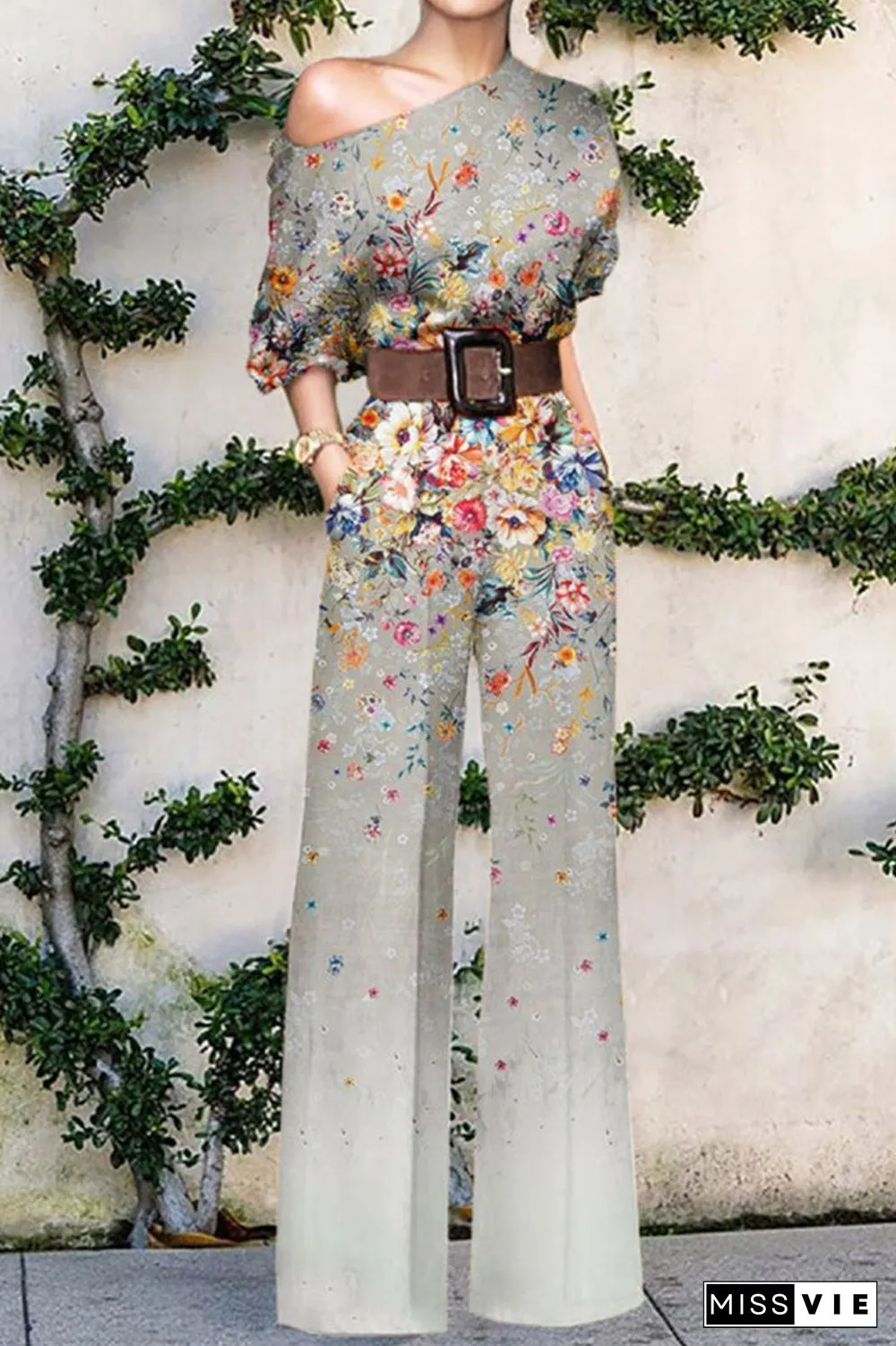 Fashion Casual Print Without Belt One Shoulder Loose Jumpsuits(10 Colors)