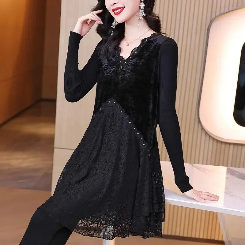 Applyw V-Neck Folds Spliced Beading Lace Blouse Women's Clothing 2023 Autumn New Oversized Casual Tops Loose Commute Shirt