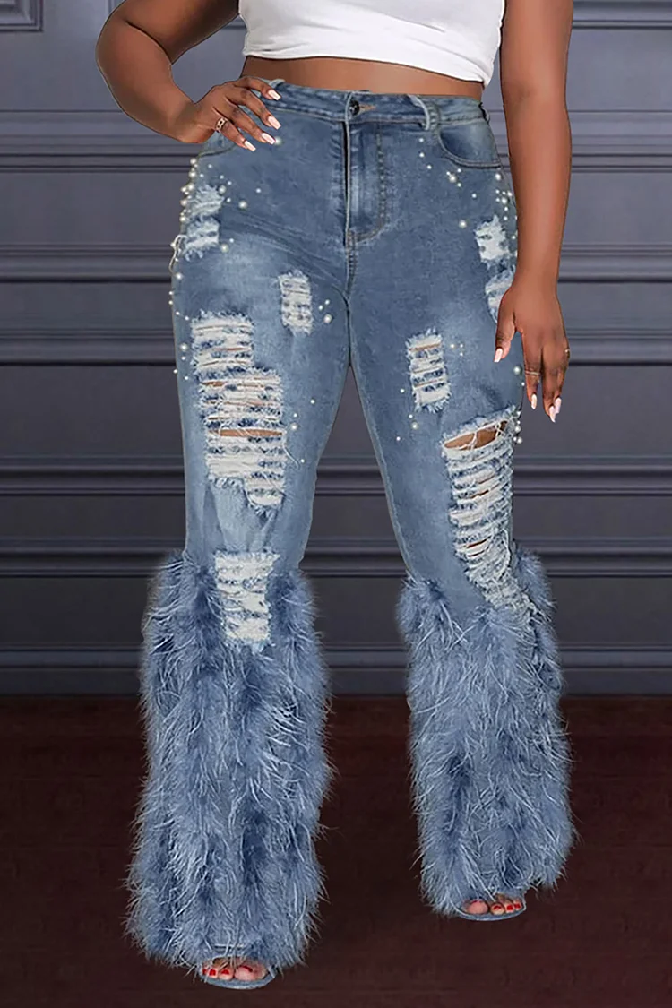 Plus Size Daily Jean Blue Feather Denim Ripped Jean [Pre-Order]