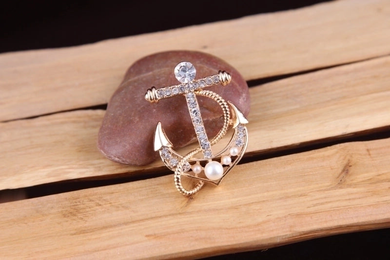 Elegant Korean Style Pin Anchor Alloy Plating Inlay Rhinestones Pearl Women’s Brooches