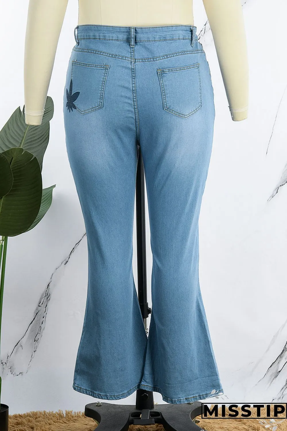 Light Blue Casual Solid Patchwork Plus Size Jeans