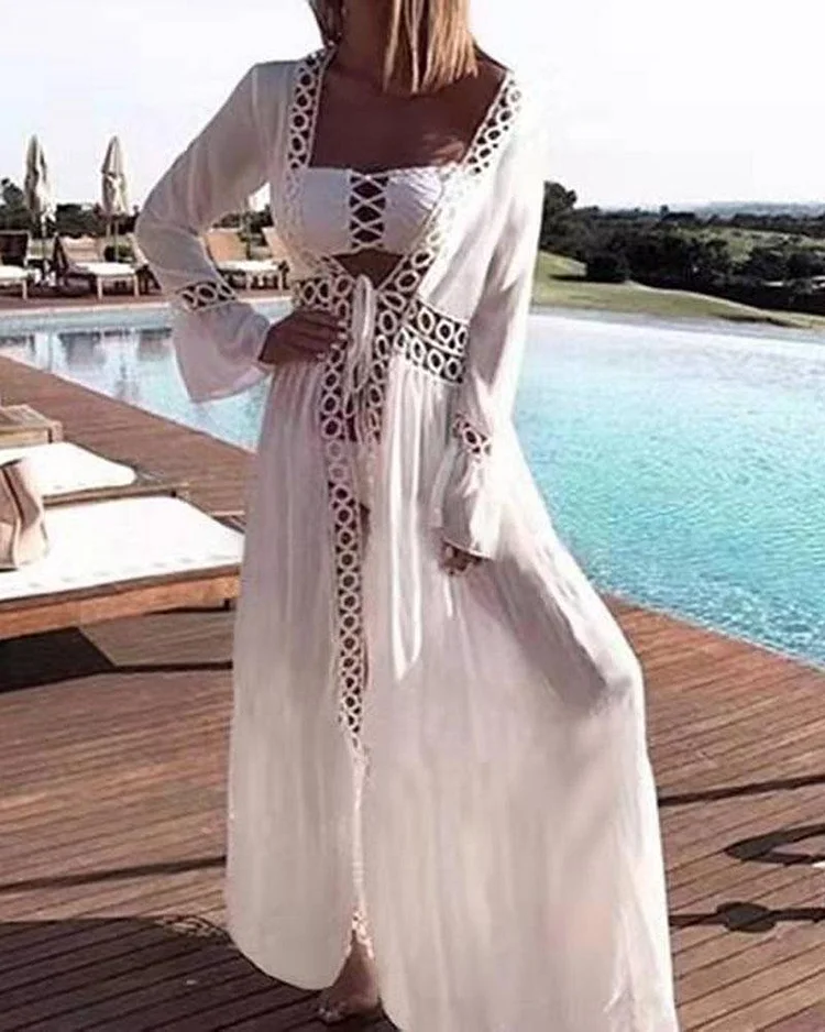 Lace Stitched Beachwear Bikini Cardigan