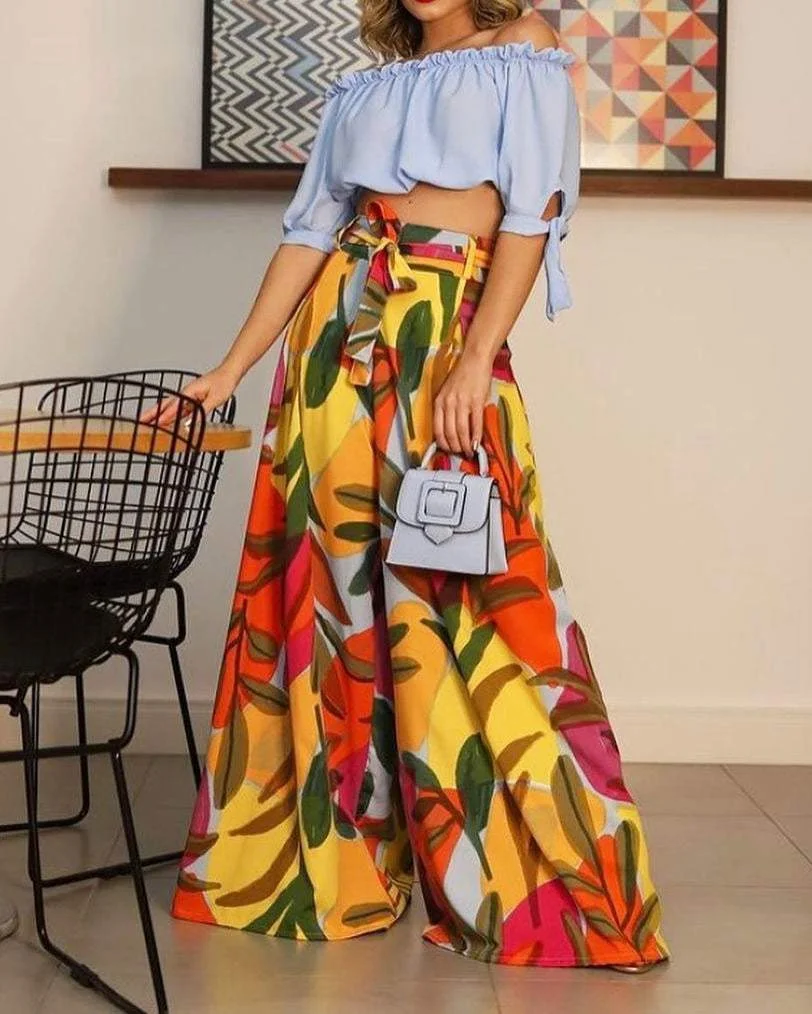 ONE-SHOULDER SOLID COLOR TOP PRINTED PANTS TWO-PIECE SET