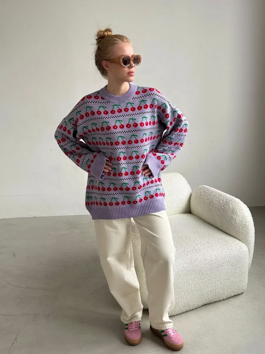 Churchf Churchf Neck Cherry Sweater Fall 2024 New Vintage Knit Cherry Round Neck Sweater