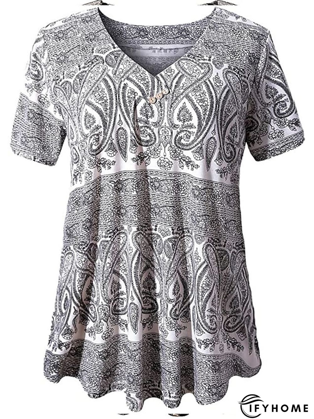 Women's Shirt Blouse Denim Blue Black White Leopard Floral Print Short Sleeve Casual Holiday Basic V Neck Regular Floral Plus Size M | IFYHOME