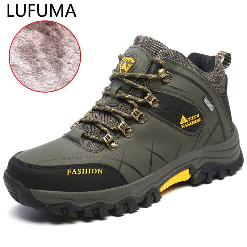 Winter Leather Ankle Boots Men Casual Shoes Outdoor Waterproof Work Tooling Mens Hiking Boots Sneakers Warm Military Snow Boots
