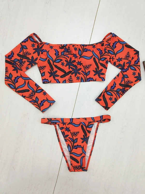 Floral Print Long Sleeve Off-The-Shoulder Brazilian Wetsuit
