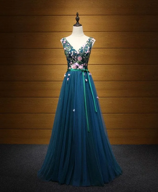 Elegant Blue V Neck Tulle Long Prom Dress