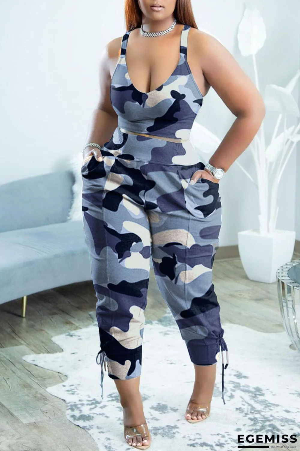 Blue Casual Print Camouflage Print Patchwork V Neck Plus Size Two Pieces | EGEMISS