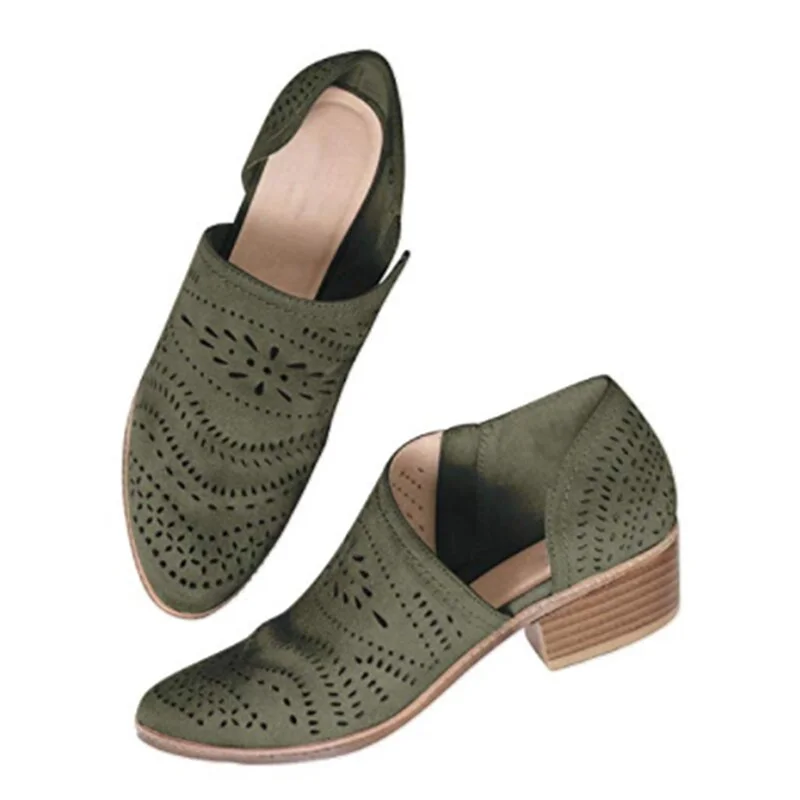 Fretwork Shoes Women Spring Autumn Low Chunky Heel Pointed Toe Side Zip Pumps Short Ankle Sandals Hollow Out Retro Shoes 2020