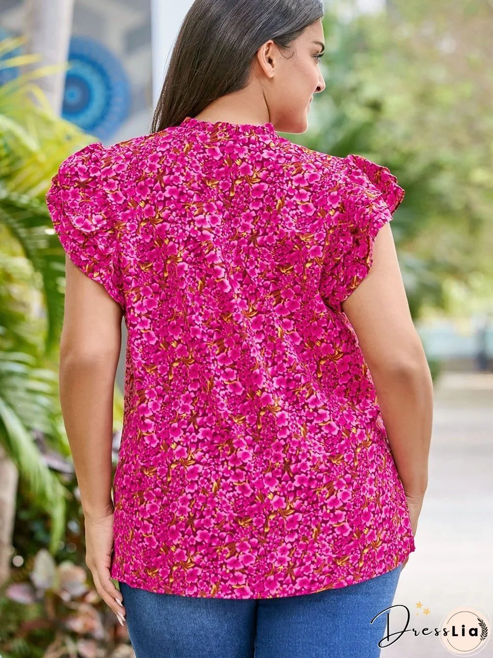 Rose Floral Print Ruffle Sleeve Plus Size Shift Top