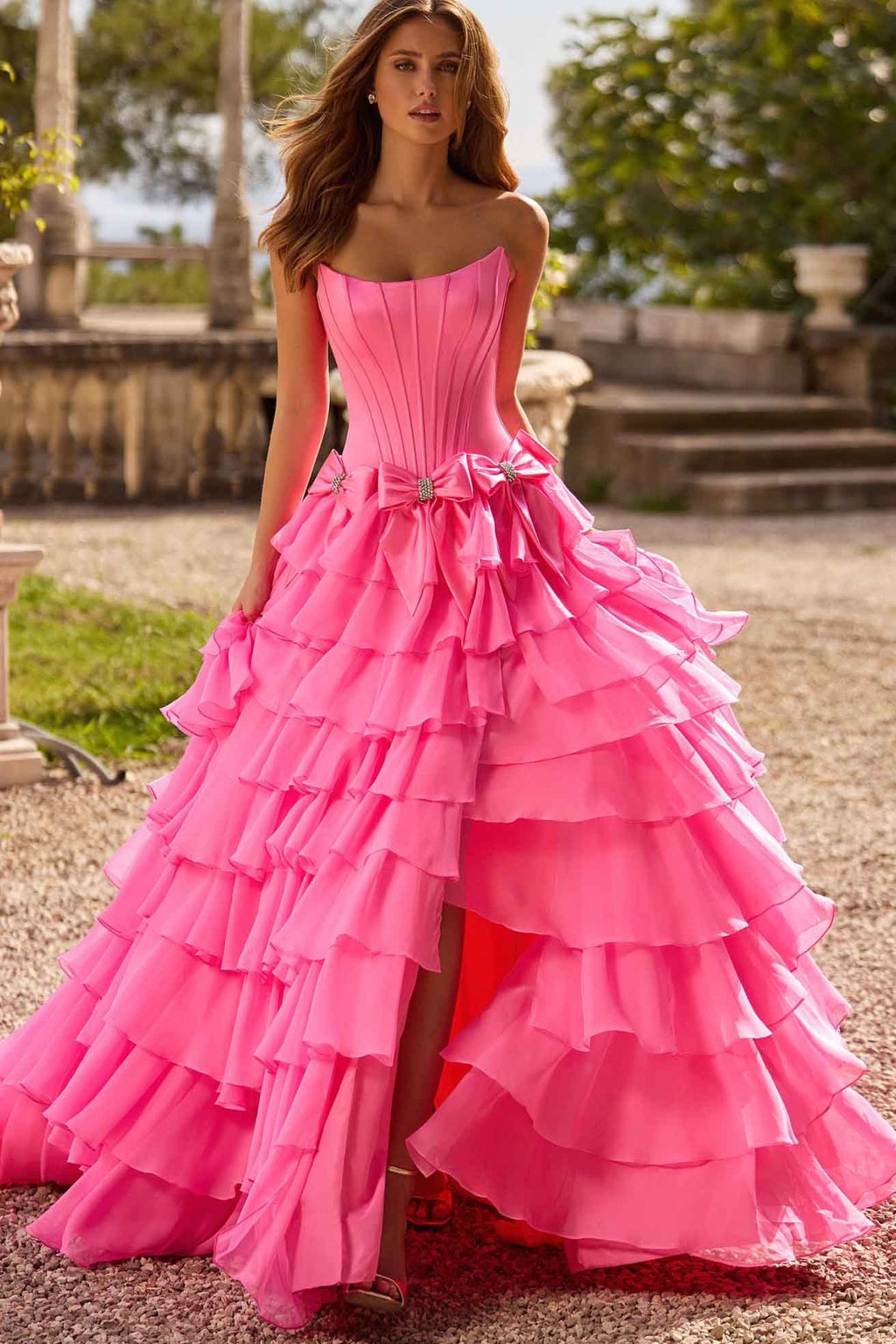 Ovlias Stunning Blush Pink Strapless Bowknot Layered Evening Dress LY0712
