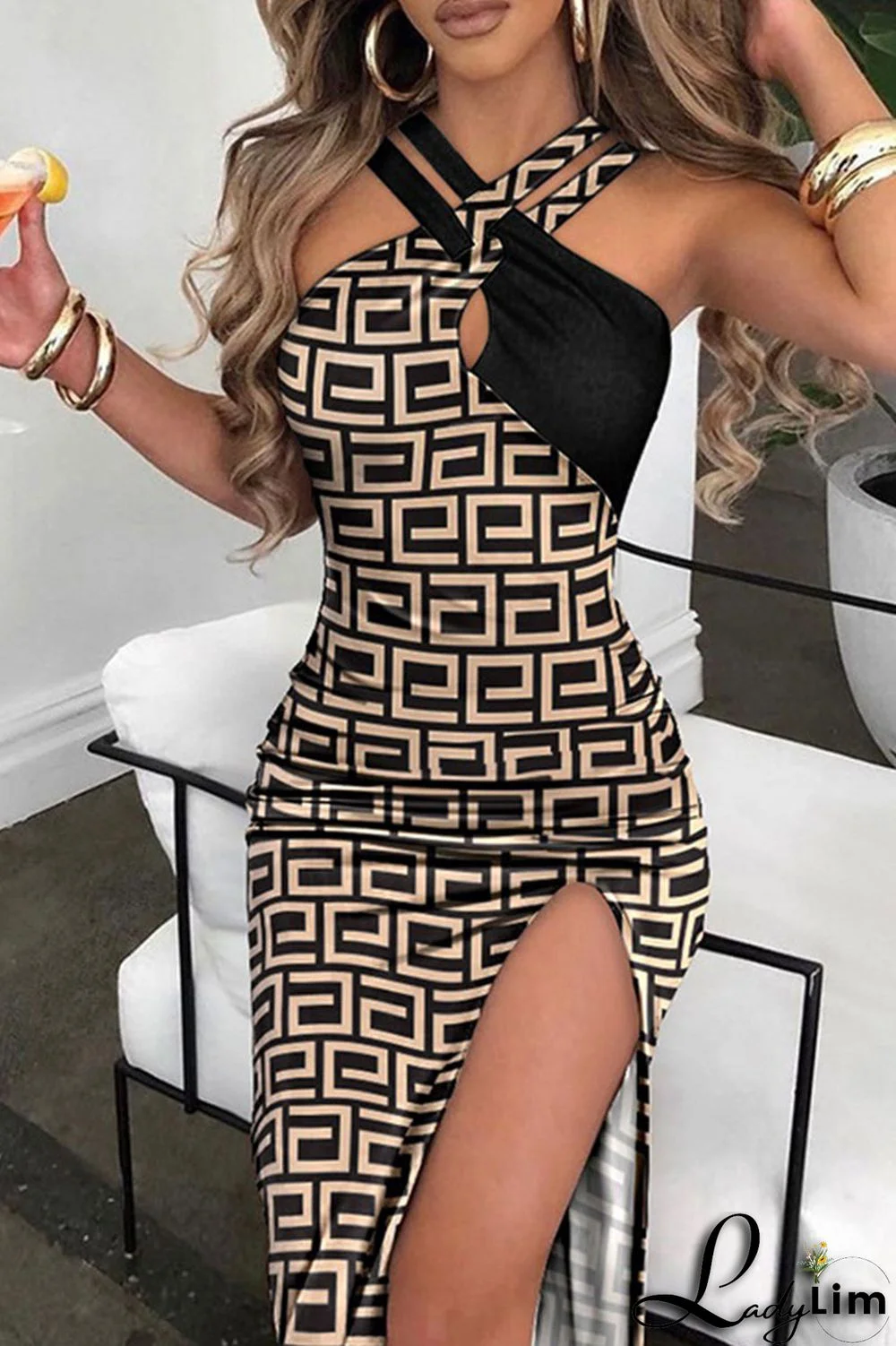 Black And White Sexy Print Patchwork Slit Spaghetti Strap One Step Skirt Dresses