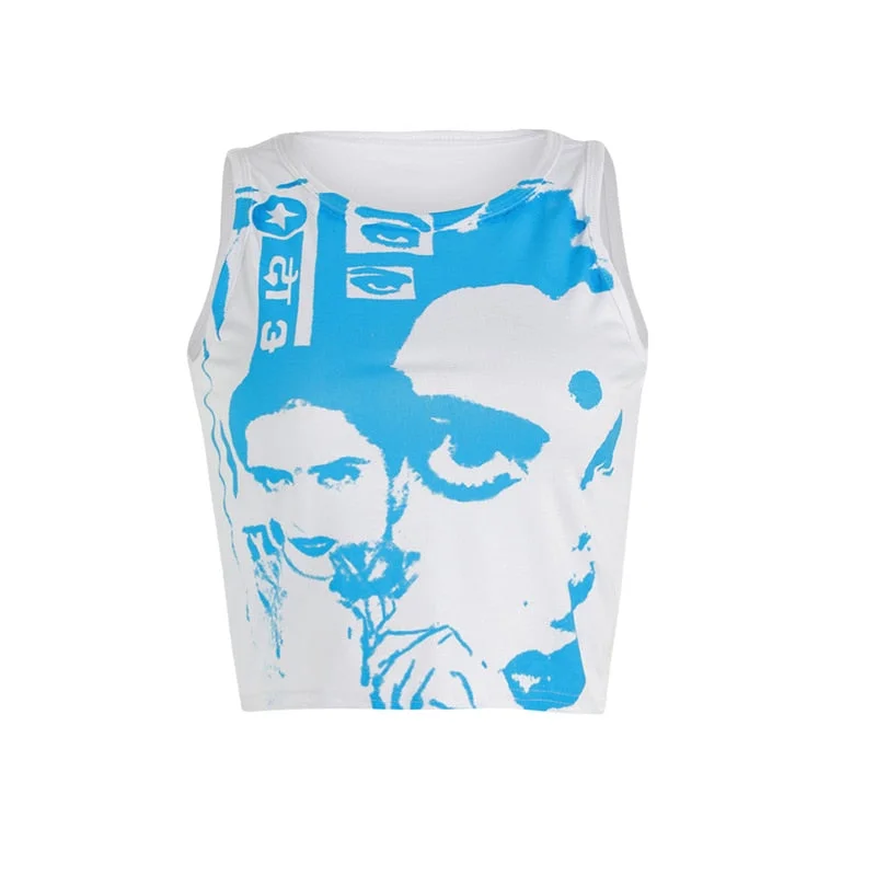 Xingqing Gothic Portrait Print T-shirt Aesthetic Short Sleevle Sweats Tees Harajuku Streetwear White Crop Top Women Clothes