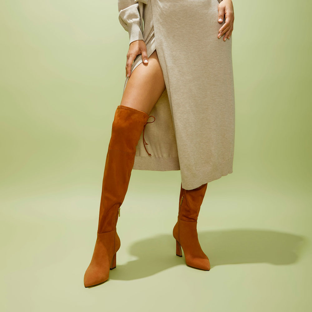 Brown Pointed Toe 3'' Flared Heel Lace Up Over The Knee Boots Nicepairs