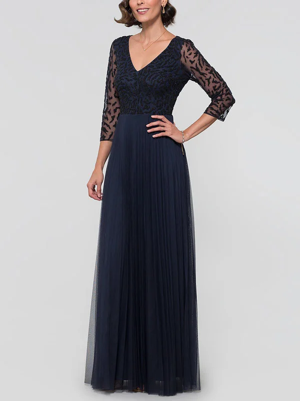 Lace Mesh Pleated Mother-of-the-Bride Formal Dress