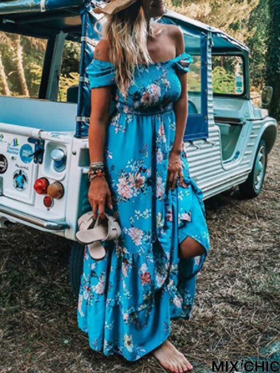 Short Sleeve Off Shoulder Boho Printed Weaving Dress