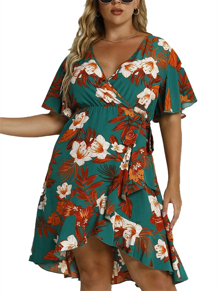 Summer New Dress Irregular Skirt Elastic Waist Women's Print Loose V-neck Lacing Large Size Casual Lacing Dress Female