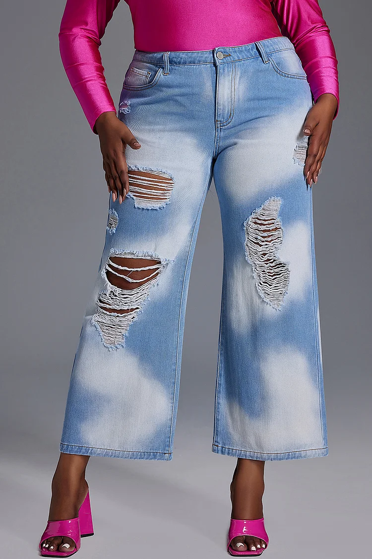 Xpluswear Design Plus Size Daily Jean Blue Straight Leg Ripped Bleached Denim Jean [Pre-Order]
