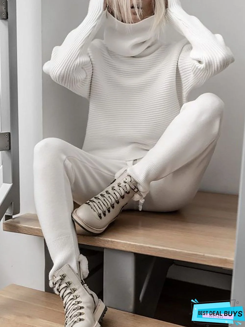 Turtleneck Knitted Two Pieces Pants Suits