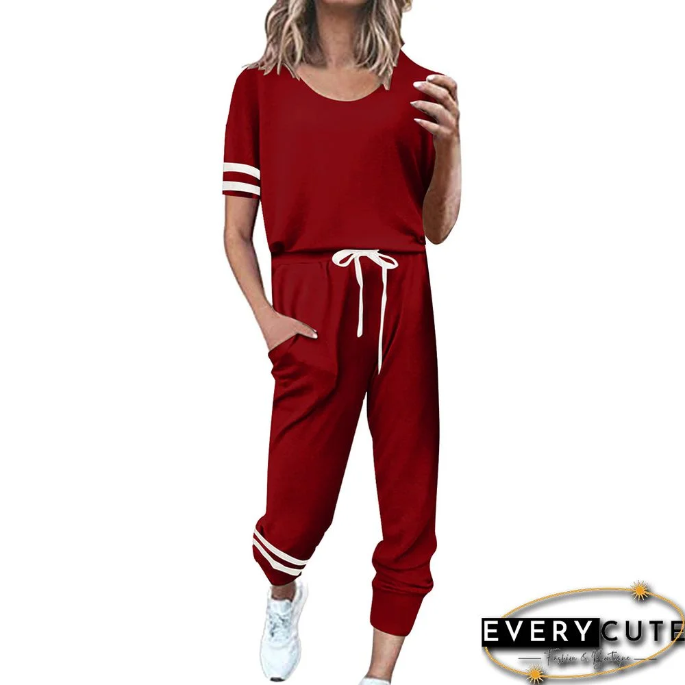 Red Contrast Stripe Short Sleeve Top and Pant Set