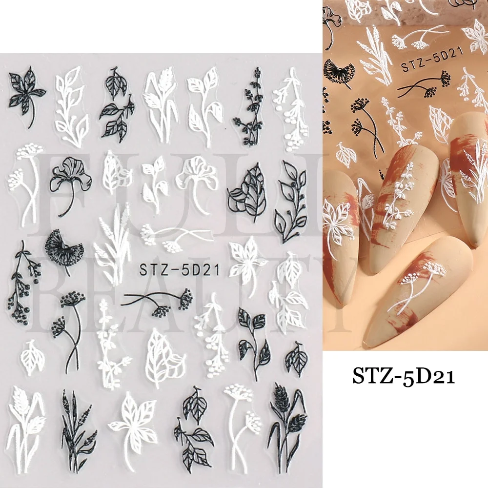 Churchf Nail Stickers Flowers Geometric Lines Decor Acrylic Embossed Sliders Gold Frame Nail Decals Cherry Blossom Manicure GLJI-5D05-Nail Inspo