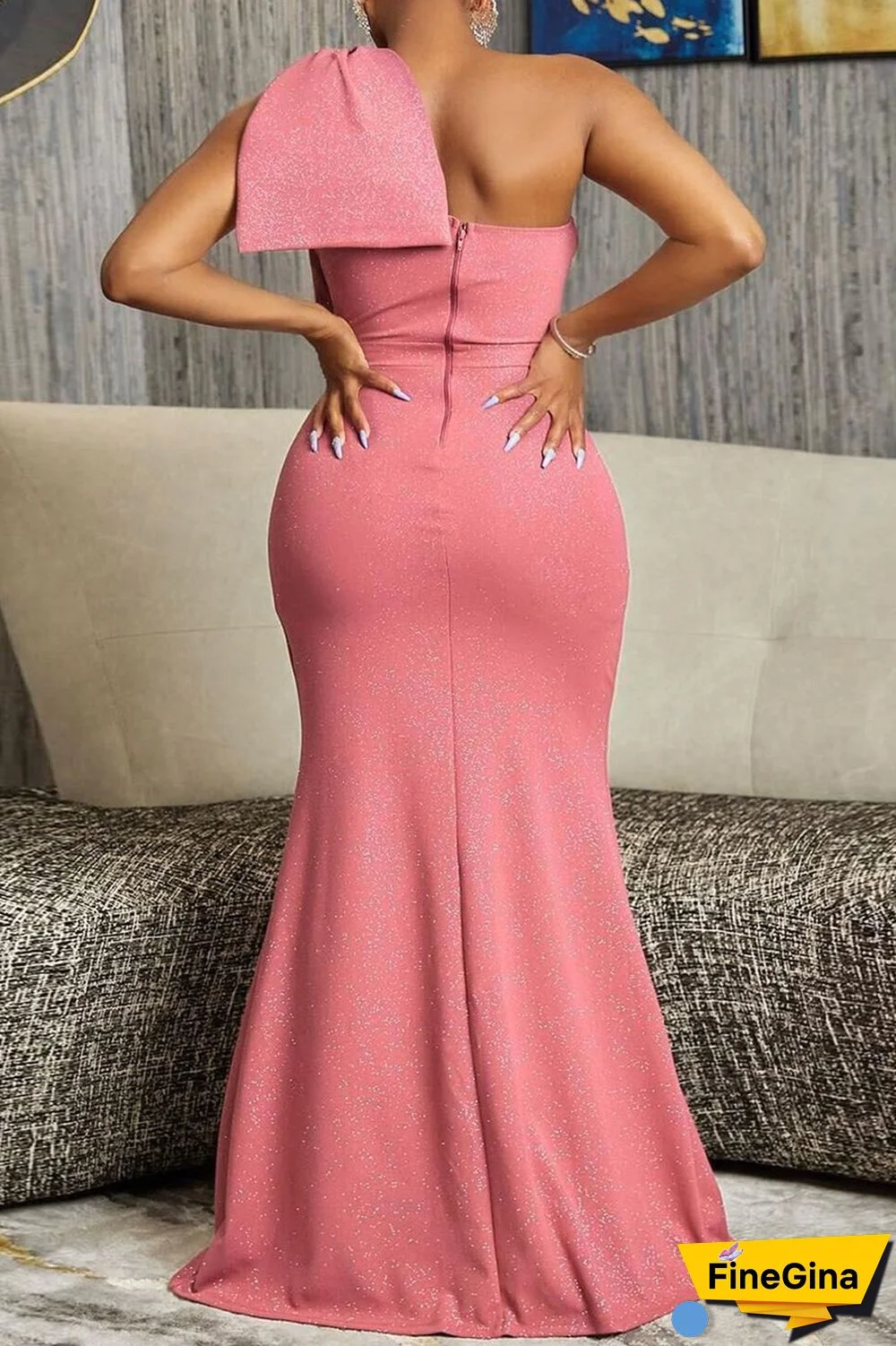 Pink Sexy Party Celebrities Elegant Slit Solid Color One Shoulder Asymmetrical Dresses